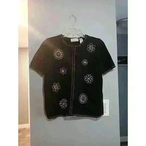 Alfred Dunner Black Floral Embellished Short Sleeve Full ZipUp Sweater Sz PLarge